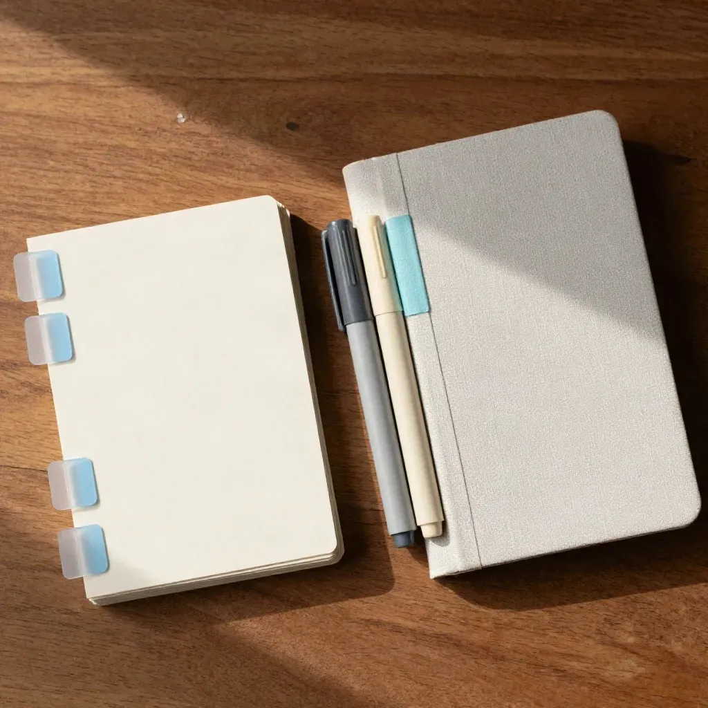 Materiały do nauki: karty, zakładki, zakreślacze i zamknięty booklet na drewnianym blacie.