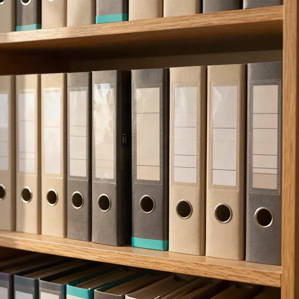 Półka z materiałami dla nauczycieli: segregatory, laminowane zestawy i tacka z pendrive’ami.
